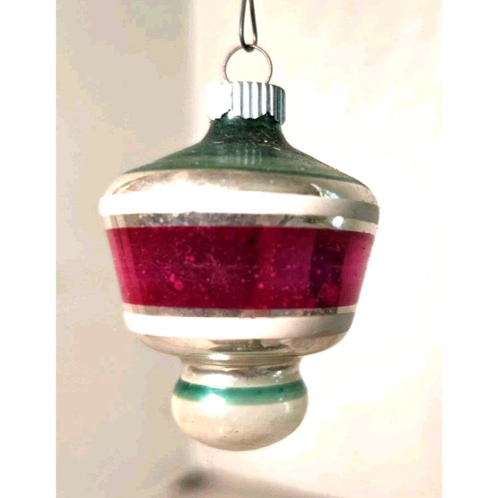 Vintage Shiny Brite Lantern Glass Christmas Ornament Pink  and Green Stripes